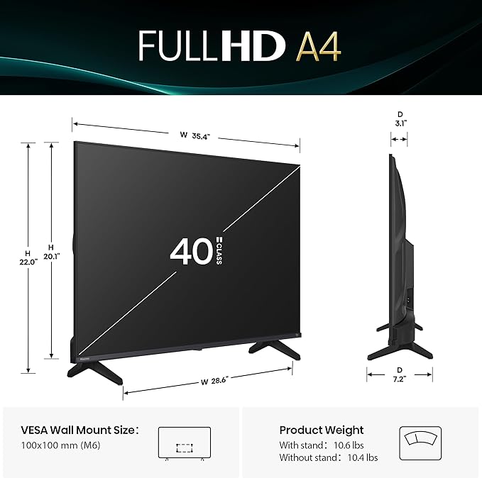 Hisense 40-Inch Class A4 Series FHD 1080p Smart Fire TV (40A4NF, 2025 Model) - DTS Virtual: X, Slim Bezel Design, Alexa Built in, Streaming TV, Black