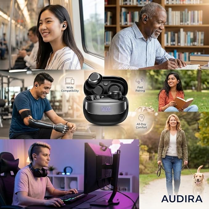 AUDIRA Mini Wireless Sleep Earbuds for Side Sleepers, Bluetooth 5.4 in-Ear Ear Buds with Noise Cancelling, IPX4 Waterproof Headphones, Touch Control, Digital Display Charging Case – Black