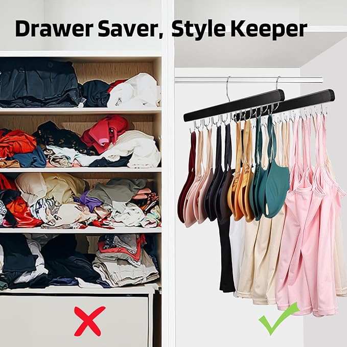 2 Pack Bra Hanger for Closet Organizer, Premium Wooden Tank Top Hangers with 40 Foldable Hooks, 360° Rotating Design, Space Saving Storage for Tank Tops, Bras, Scarves and More, Black