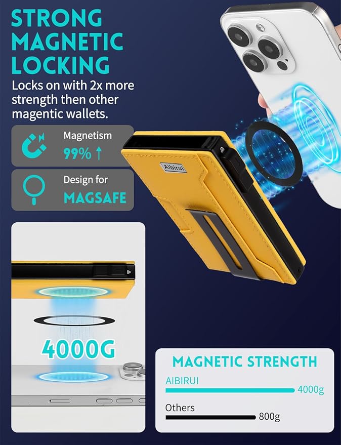 Wallet for men,Magsafe Wallet with Money Clip,Ridge Wallets for Men | Magnetic wallet for iPhone 17/16/15/14/13/12 Series,Card Holder(8 Cards & Bills), Aluminum & Microfiber Leather,Yellow