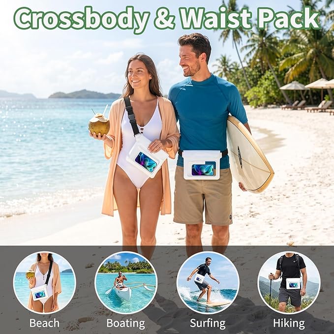 Waterproof Dry Bag Set 2 Pcs: White 9.8" Clear Fanny Pack with Black Waterproof Phone Case -7" Phone Pouch, IPX8 Floating Water Proof Belt Bag with Adjustable Strap for Cruise Beach Swim Essentials