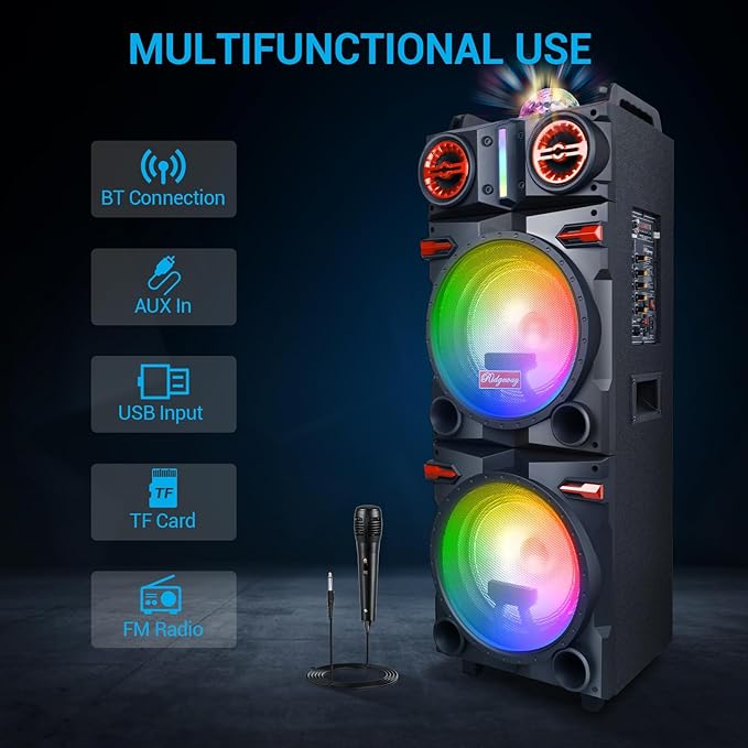 Portable Party Wireless Bluetooth Speaker with Dual 10" Subwoofer, 80W Rechargeable PA System with Bass/Treble, Wired Microphone, Flashing Light, TWS, FM, REC, Telescopic Pull Rod, Wheels