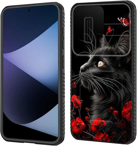 for Galaxy S25 Plus Case Built in Slide Camera Lens Cover,Heavy Duty Shockproof Protection Dual Layer Case for Samsung Galaxy S25 Plus 6.7" 2025,Black Cat Flowers and Butterflies