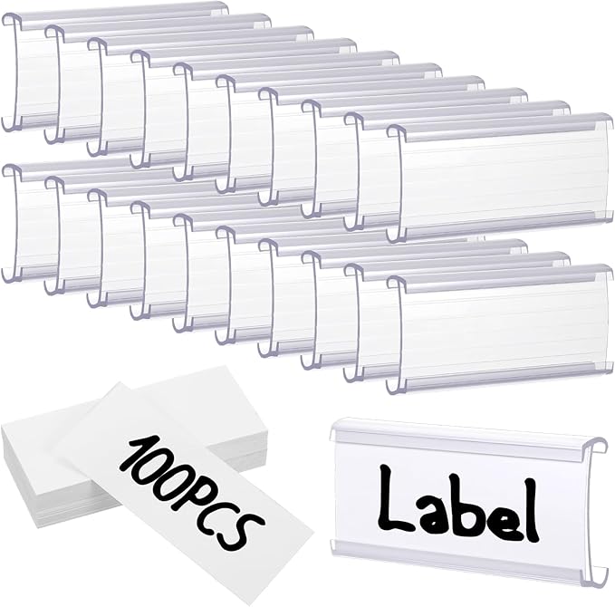 100 Pcs Wire Shelf Label Holders Wire Shelf Label Holder with Labels Paper Inserts for Shelving Clips with Paper Inserts Metro shelfs Clips,Compatible with 1-1/4 Inch Shelves