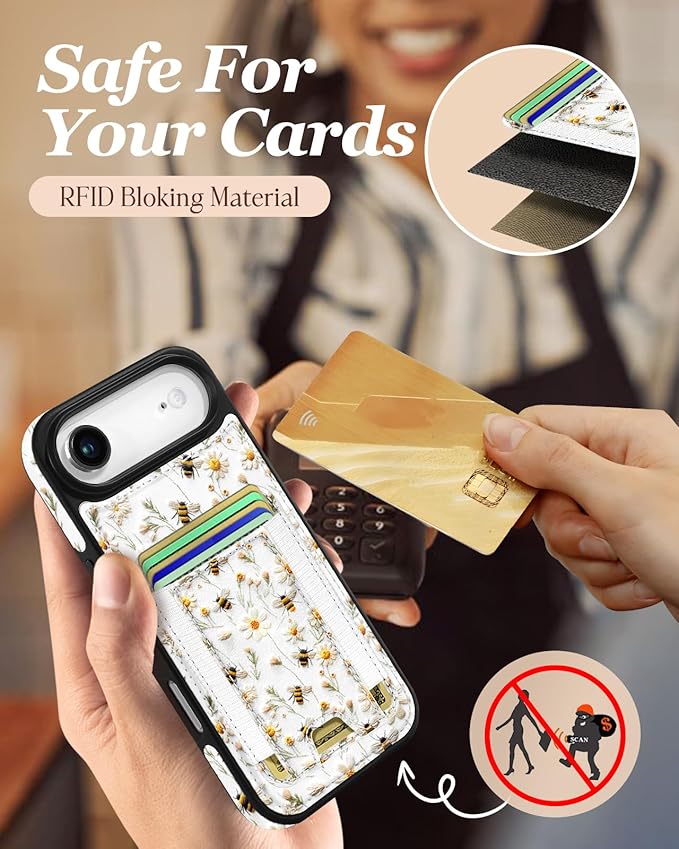 Shorogyt for iPhone Air Wallet Case - Fits 5 Cards, Compatible with Magsafe Detachable Magnetic Credit Card Holder Leather Cardholder Cute Phone Cover Women Girls for Apple 17 Air, Bee Flower