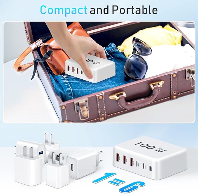 USB C Fast Charger-100W GaN 6 Port Type Charging Station Hub Block Cube, Wall Charger Power Strip Adapter Plug for iPad iPhone 17/17 Plus/17 Pro Max/16 15 14 13 12 Pro Max Pixel Note Galaxy, 5ft Cord