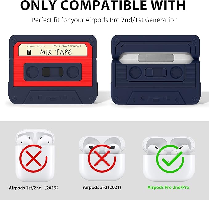 AirPods Pro 2 Case Cover, KOREDA Funny Cassette Tape Design Case for Airpods Pro 2nd Generation/1st Generation (2023/2022/2019), Cute Cartoon Fashion Silicone Protective Case for Women Men (Blue)