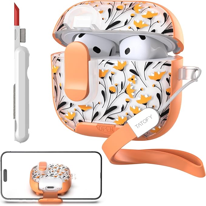 TATOFY for AirPods 4th Generation Case with Phone Stand Lanyard Lock Cleaning Kit, Compatible with Magsafe, Flowers Hard AirPod 4 Cover for Women (Orange, AirPods 4th)