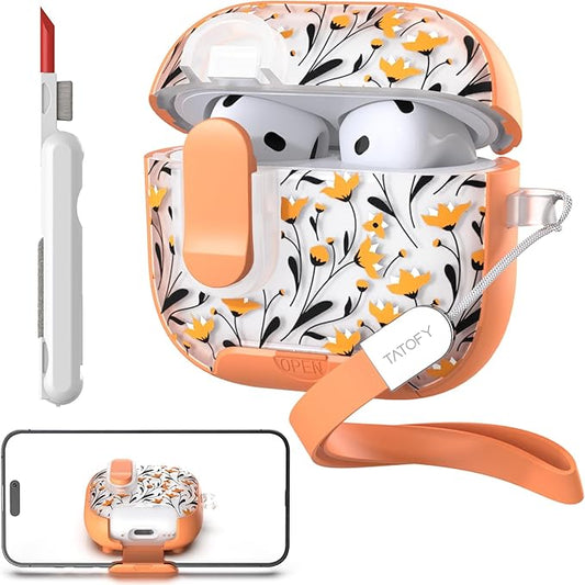 TATOFY for AirPods 4th Generation Case with Phone Stand Lanyard Lock Cleaning Kit, Compatible with Magsafe, Flowers Hard AirPod 4 Cover for Women (Orange, AirPods 4th)