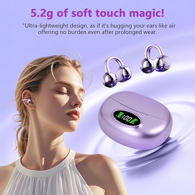 Clip on Headphones,Open Bluetooth 5.4 Earbuds with LED Digital Display Built-in Mic IPX7 Waterproof 50H Playback Sports Bone Conduction Earphones Suitable for Small Ears and Eyeglass Wearers (Purple)4