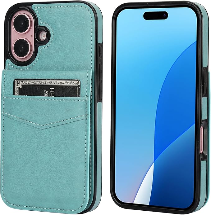 KIHUWEY Compatible with iPhone 16 Case Wallet with Credit Card Holder, Flip Premium Leather Magnetic Clasp Kickstand Heavy Duty Protective Cover for iPhone 16 6.1 Inch (Mint Green)