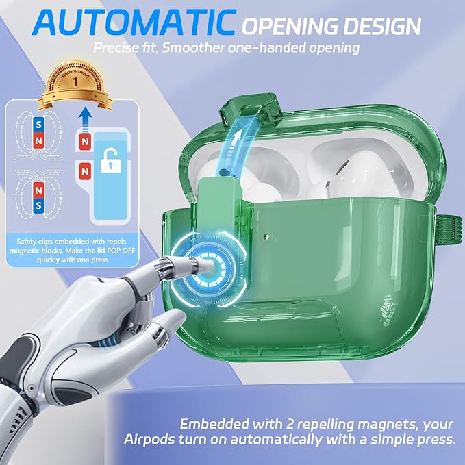 for AirPods Pro 2 Case with Phone Stand & Secure Lock, Auto-Open Clear Cover Compatible with Apple AirPods Pro 2nd/1st Gen (2023,2022,2019) with Cleaning Kit & Keychain (Clear Green)