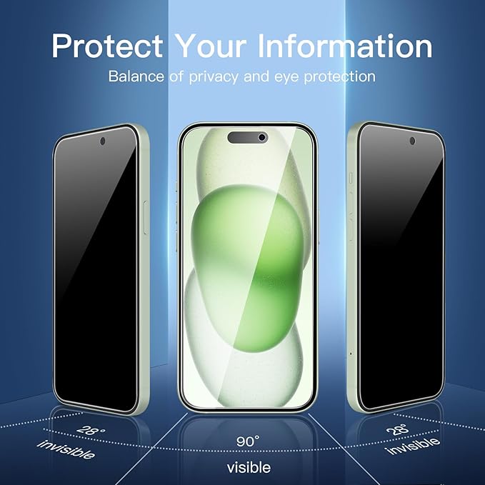 NEW'C 3X Privacy for iPhone 15 Plus Screen Protector (6.7 inches)+ 3X Camera Lens Protector, Sensor Protection, Case Friendly Tempered Glass Film + Dust Plug - Easy Installation Tool Included