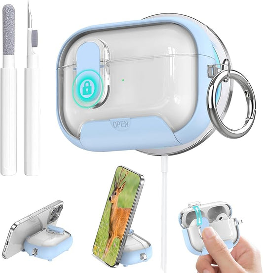 for Airpods Pro 3 Case Clear,Secure Lock for Airpods pro 3rd Generation Case Cover with Phone Stand and Magsafe Function,Auto Pop-up,Hybrid Protection Design with Carabiner&Cleaning Pen-Blue