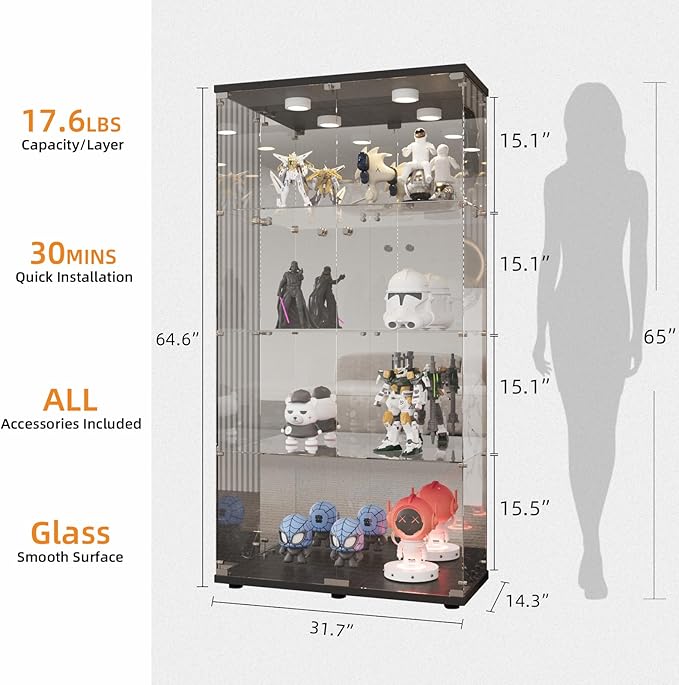 LFT HUIMEI2Y Glass Display Cabinet 4-Shelf with Light,Mirror and Lock, 2 Door Curio Cabinets, 5mm Tempered Glass Floor Standing Bookshelf for Bedroom, Living Room, Black