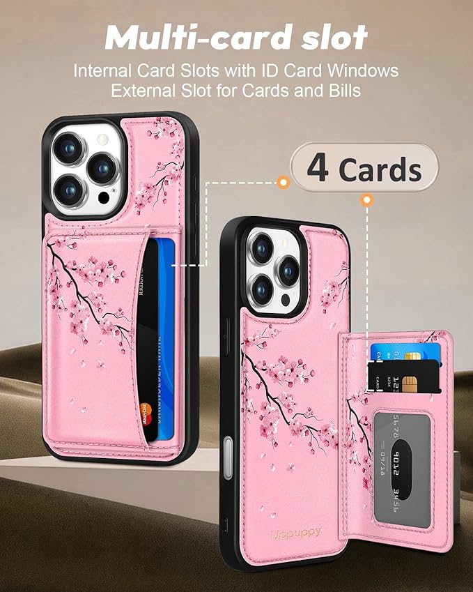 for iPhone 16 Pro Case with Wallet - Fits 4 Card Slots, Compatible with MagSafe for Women Aesthetic Durable PU Leather Credit Card Holder Kickstand Phone Cover for Apple 16 Pro, Peach Blossom