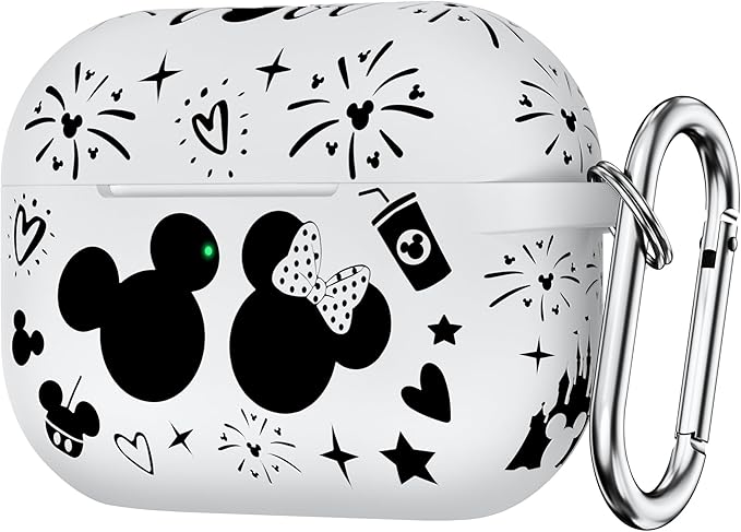 Compatible with Airpods Pro 2nd/1st Generation Case Cover with Keychain, Women Men Soft Silicone Two-Tone Cute Cartoon Engraved Convenience Protective Case, Front LED Visible White/Black