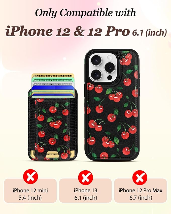Shorogyt for iPhone 12/12 Pro Wallet Case - Fits 5 Cards, Compatible with Magsafe Detachable Magnetic Credit Card Holder Leather Cardholder Cute Phone Cover Women Girls for Apple 12/12Pro, Cherry