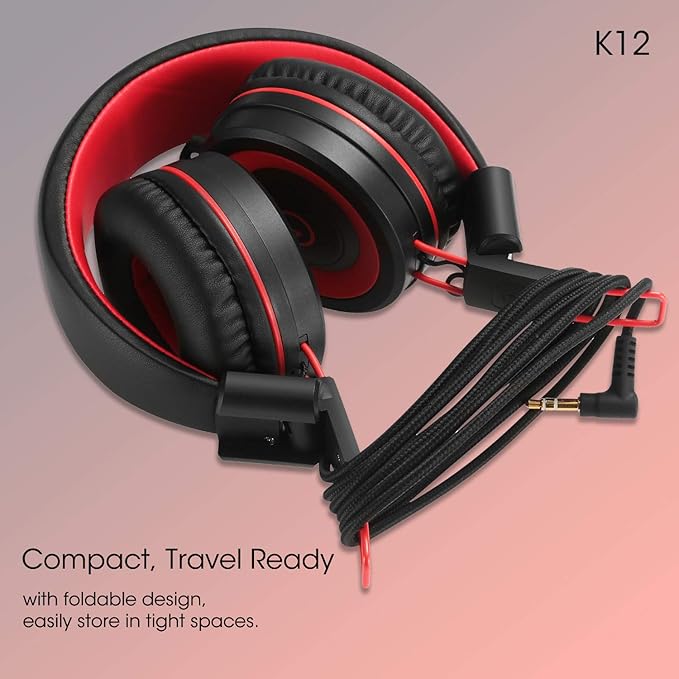 noot products Kids Headphones with Microphone K12 Stereo 5ft Long Cord with 85dB/94dB Volume Limit Wired On-Ear Headset for iPad/Amazon Kindle,Fire/Toddler/Boys/Girls/School (Red Black)