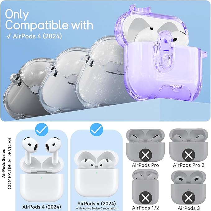 Clear Case for AirPods 4 Case Cover with Safety Lock,Soft TPU Cover with Phone Stand & Cleaning Kit,Cute Bling Keychain for Women Girls-Clear Purple