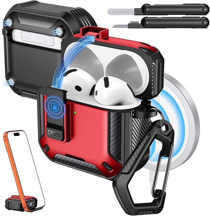 MoKo for AirPods 4 Case with Lock 2024 - Compatible with MagSafe, Phone Stand & Auto Pop-up for AirPods 4th Generation Case, Military-Grade Protective Cover with Cleaner Kit, Red+Black