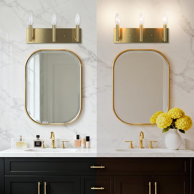 Kalium Bathroom Light Vanity Fixtures Over Mirror, 3-Lights Modern Brushed Gold Wall Sconces, Minimalist Wall Lights for Livingroom Bedroom Entryway Hallway Staircase, E12 Base(Bulbs Not Included)