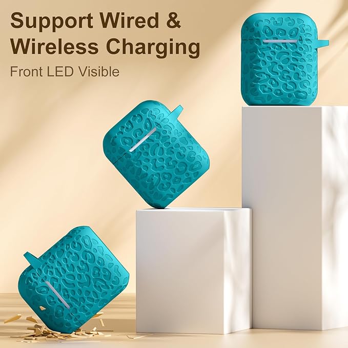 Leropard Engraved for AirPods Case Cover, Cute Soft Silicone Protector with Keychain Compatible with Airpods 2nd/1st Generation,Front LED Visible,Teal