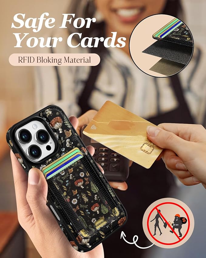 Shorogyt for iPhone 16 Pro Case Wallet - Fits 5 Cards, Compatible with Magsafe Detachable Magnetic Credit Card Holder Leather Cardholder Cute Phone Cover Women Girls for Apple 16Pro, Mushroom