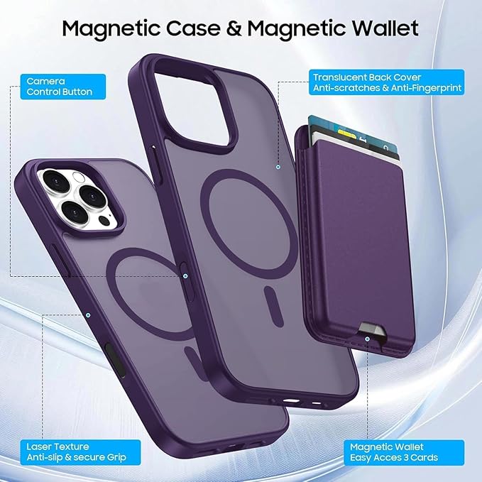 Magnetic for iPhone 16 Pro Case with Detachable Wallet, Compatible with MagSafe, Credit Card Holder with Slim Shockproof Protective Phone Cover, Purple