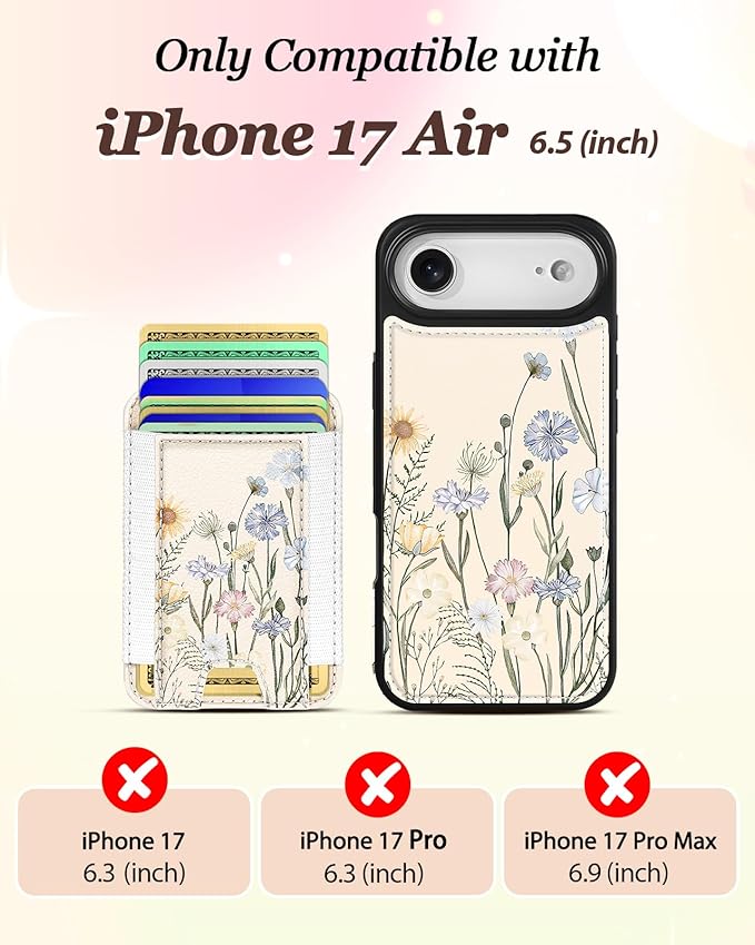 Shorogyt for iPhone Air Wallet Case - Fits 5 Cards, Compatible with Magsafe Detachable Magnetic Credit Card Holder Leather Cardholder Cute Phone Cover Women Girls for Apple 17 Air, Color Flower