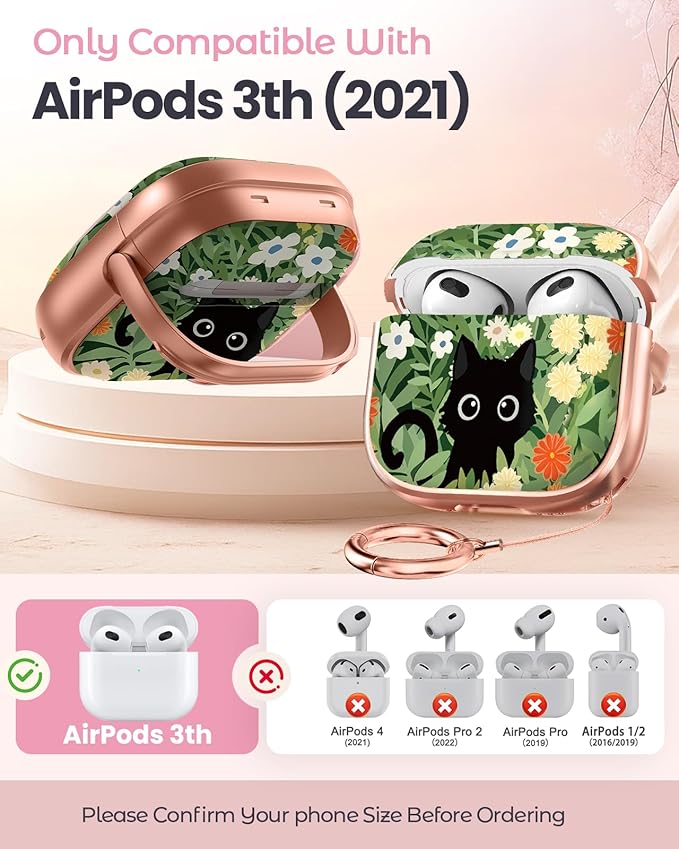 Coralogo for AirPods 3rd Case with Safety Lock - Cute Cartoon for AirPods 3rd Generation for Women Girls Fashion Stylish Cat Flower Pattern Design Kawaii Girly Girlish Hard Protective Cover