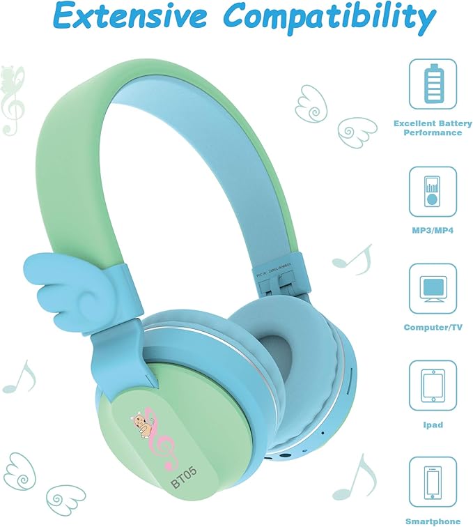 Riwbox BT05 Bluetooth Kids Headphones Wireless Foldable Headset Over Ear with Volume Limited and Mic/TF Card Compatible for iPad/iPhone/Tablet (Green&Blue)