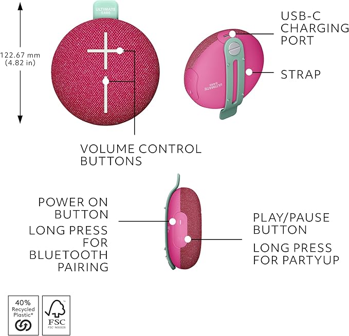Ultimate Ears MINIROLL Ultra-Portable Waterproof Bluetooth Speaker, Big Bass, IP67 Dustproof, 131 ft (40 m) Range - Calming Pink