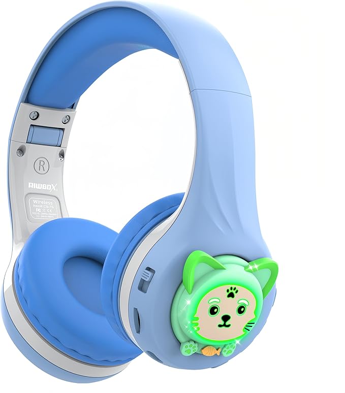 Riwbox CB-7S Kids Wireless Headphones,with Safe Volume Control 74/85/95dB,LED Glow Lights,50H Playtime,Bluetooth V5.3,Built-in Mic, TF Card Slot,for Travel/School/Phone/Laptop(Blue&Grey)