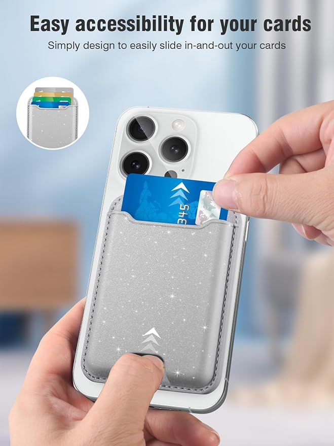 TopMade for Magsafe Wallet, Sparkle Magnetic Card Holder for iPhone 17, iPhone 16/15/14/13/12 Series, Leather Magnetic Phone Wallet with Powerful Magnet, RFID Blocking, Fit 4 Cards, Glitter Gray