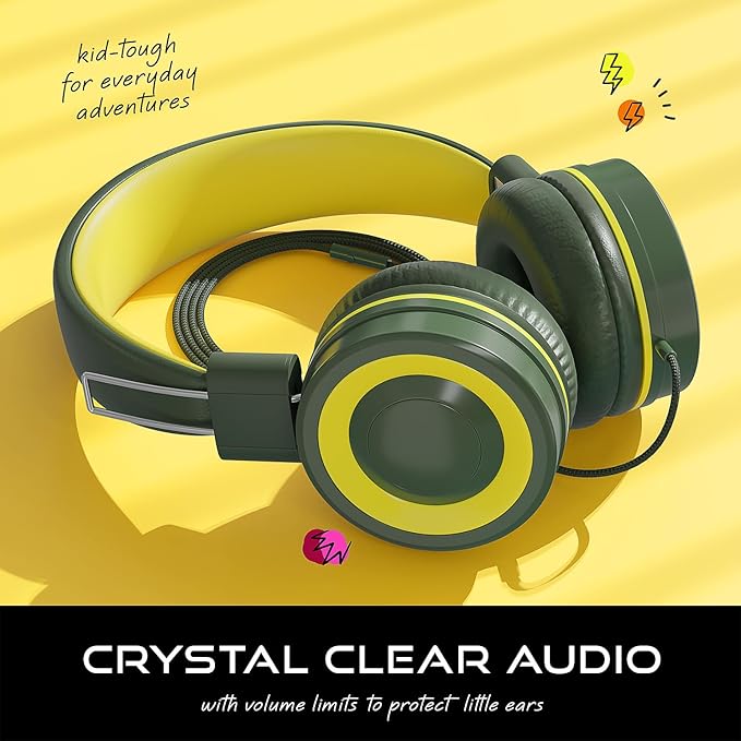 MYZI Kids Headphones with Cord, Foldable Over Ear Headphones for Kids with Microphone, Tangle-Free Wired 85dB Safe Volume Toddler Headphones for iPad, School, and Airplane – Green