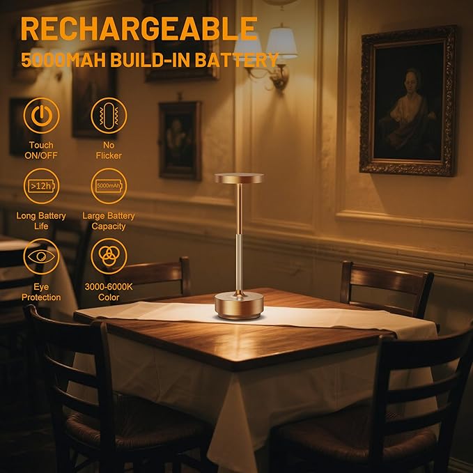 SAKRINGT Rechargeable Cordless Table Lamp - Battery Operated LED Portable Table Light with 3 Color Stepless Dimming, Memory Function - IP54 Waterproof for Outdoor, Restaurant, Patio, Camping
