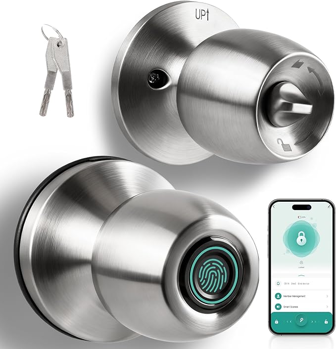 Fingerprint Smart Door Knob, Biometric Keyless Entry Door Lock with App Control & Backup Keys, Thumbprint Round Door Lock, Suitable for Home, Bedroom, Office, and Apartment Sliver