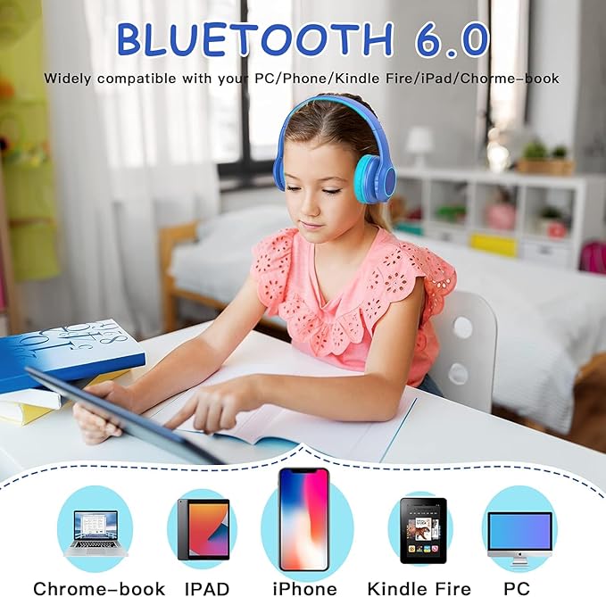 Kids Bluetooth 6.0 Headphones with LED Light, 85Hours Playtimes, Type-C Fast Charging, 85/94dB Volume Limited, Comfort Wireless Headphones with Built-in Mic, Wired & TF Card Mode, Blue