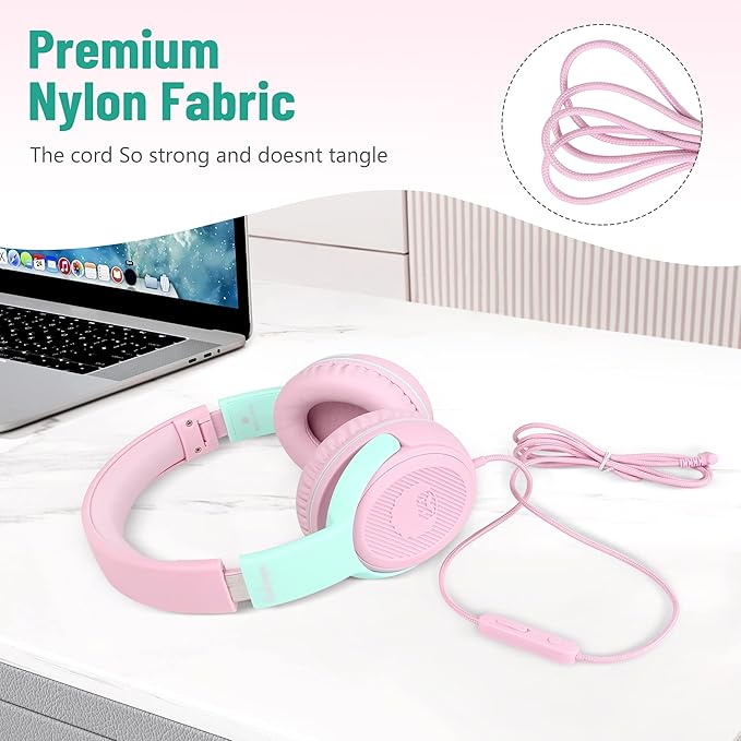 rockpapa Share 1 Kids Headphones Wired with Microphone & Share Port, 85dB/94dB Volume Limited, Cute Foldable Student Child Boys Girls Headphones for School/Classroom/Travel Pink/Green