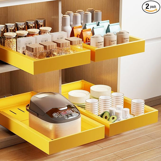 2 Pack Pull Out Cabinet Organizer,21.8" Deep Slide Out Drawer for Cabinets Adhesive Pull Out Drawers Heavy Duty Pull Out Shelves for Kitchen,Cupboard,Pantry,Bathroom-Yellow