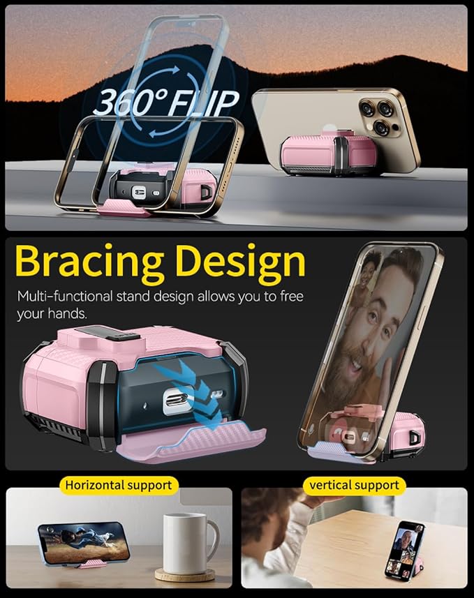 Compatible with AirPods 4 Case,Magnetic Automatic Lock with Phone Stand & Cleaning Kit,Compatible with Magsafe,Carbon Fiber Texture Cover -Pink