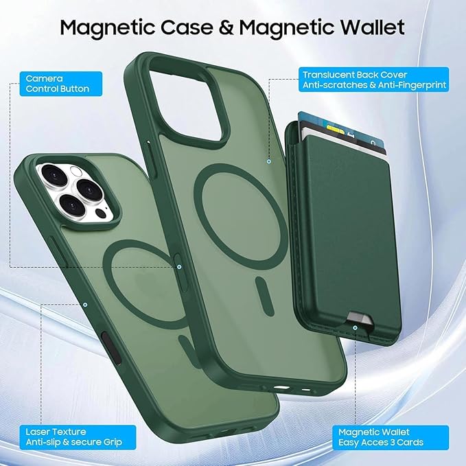 Magnetic for iPhone 16 Pro Case with Detachable Wallet, Compatible with MagSafe, Credit Card Holder with Slim Shockproof Protective Phone Cover, Green