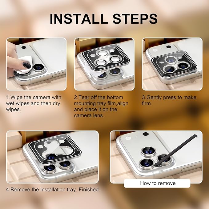 Misea Compatible for iPhone 17 Pro/iPhone 17 Pro Max Camera Lens Protector, Ultra-HD Tempered Glass Camera Cover Screen Protector Metal Individual Ring Protector Decoration Accessories, Natural Titanium