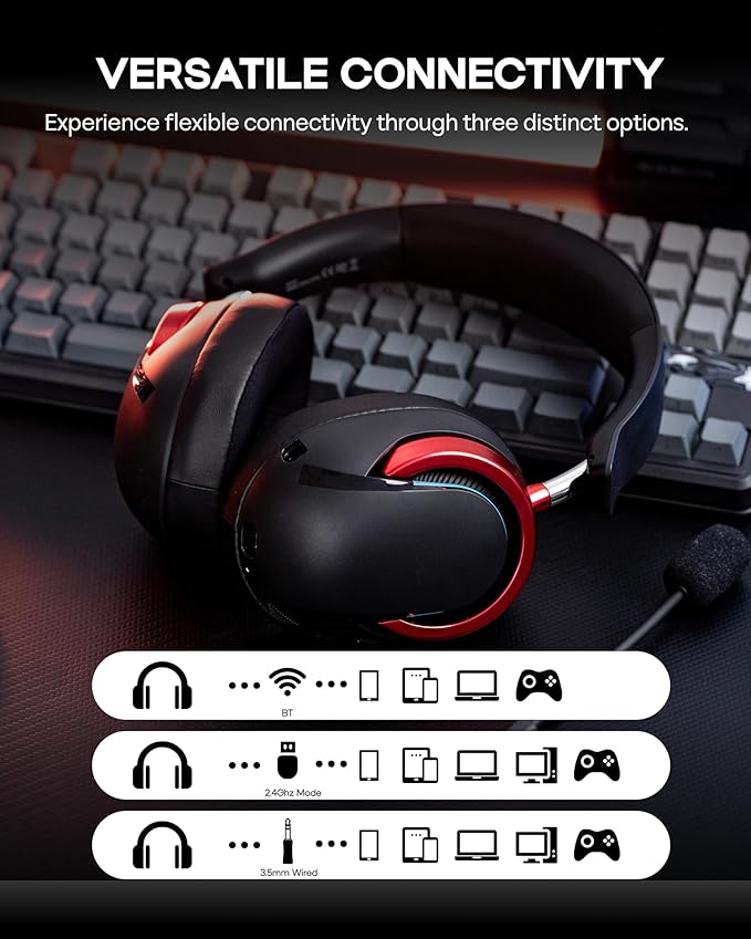 MechLands Aula A700 Wireless Gaming Headset with 7.1 Surround Sound, 50mm Driver, 2.4GHz/BT/Wired, Gaming Headphone with Noise Canceling Mic, RGB Light, 40H Battery, for PS4/PS5/PC/Switch (Black Red)