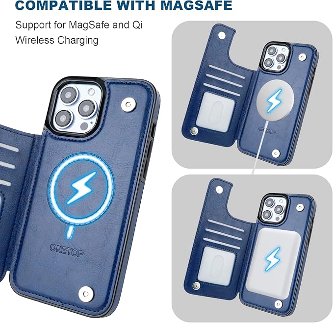 ONETOP Compatible with Magsafe for iPhone 13 Pro Max Wallet Case with Card Holder, PU Leather Kickstand RFID Blocking Case, Double Magnetic Clasp and Durable Shockproof Cover 6.7 Inch (Blue)