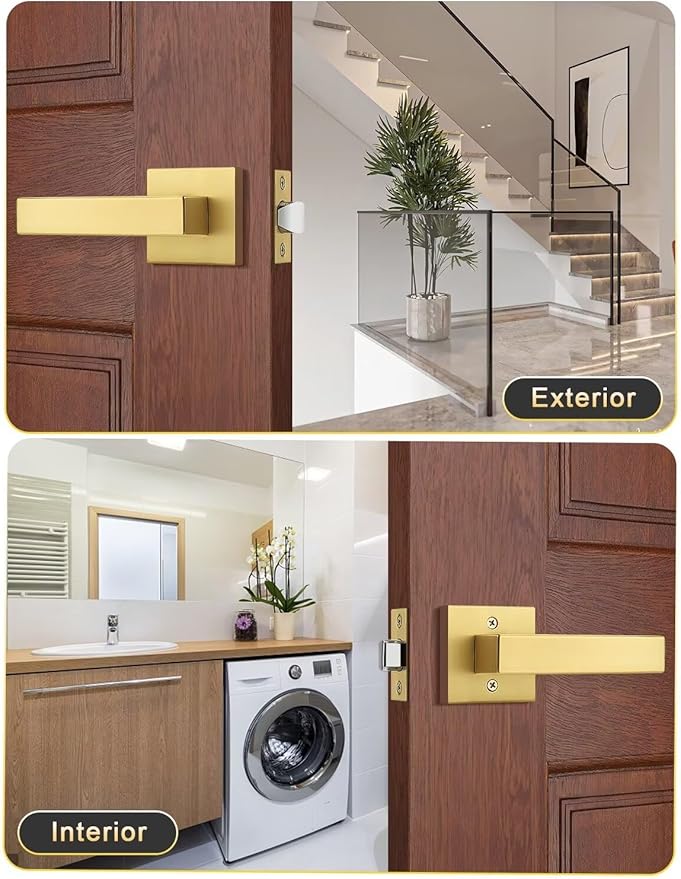 5 Pack Gold Keyless Square Levers Handles, Satin Brass Finish, Interior Passage Door Locksets for Hall Closet Door Knobs Lock Reversible Right & Left Handed