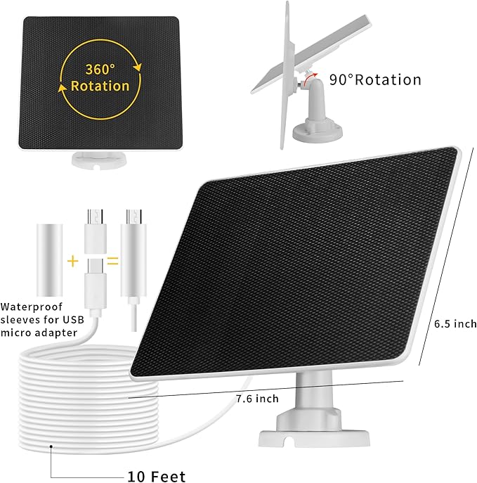 LIYVZ 6W Solar Panel for Security Camera Outdoor USB-C & Micro-USB 3 Pack, IP66 Waterproof, 360° Adjustable Bracket, 10ft Cable, Continuous Solar Power for Rechargeable Battery Cameras