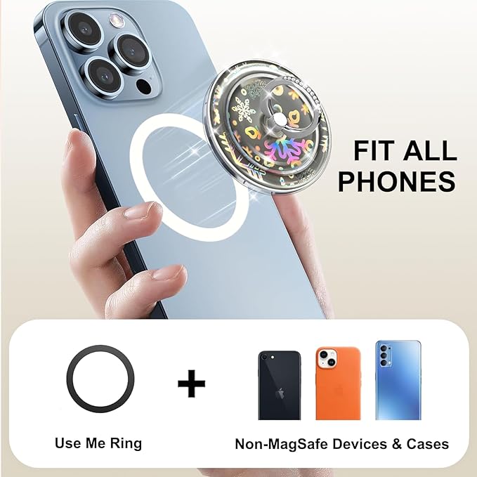 Transparent Magnetic Phone Grip Compatible with MagSafe Phone Ring Holder,360°Adjustable & Removable Silver Snowflake Diamond Laser Design Magnet Stand for Phones and Tablets
