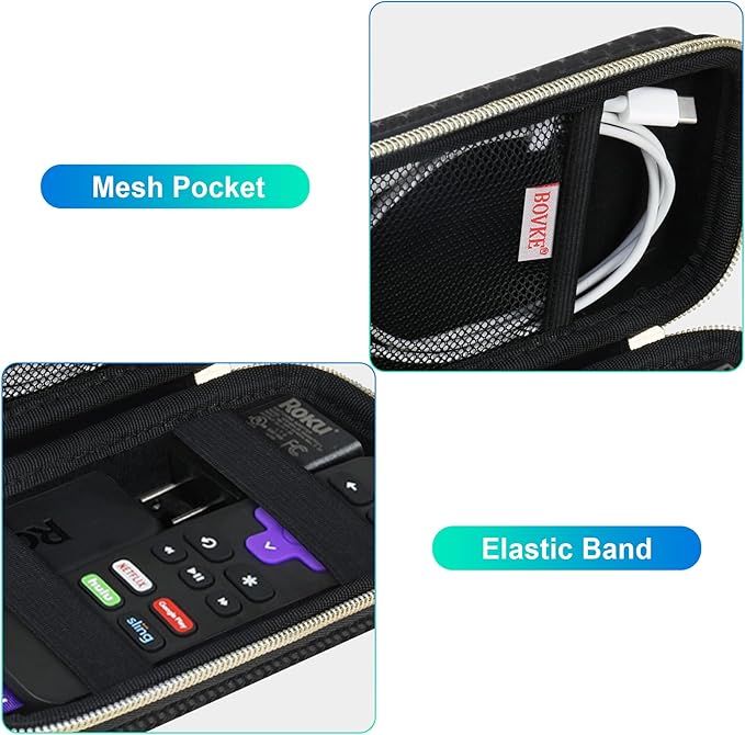 BOVKE Hard Case for Roku Voice Remote Controller, Roku Streaming Stick+ / 4K, Roku Remote Case for Roku TV Steaming Stick 3820R/ 3821R/3941R, Extra Mesh Pocket for Adapters, Cables, Black Star